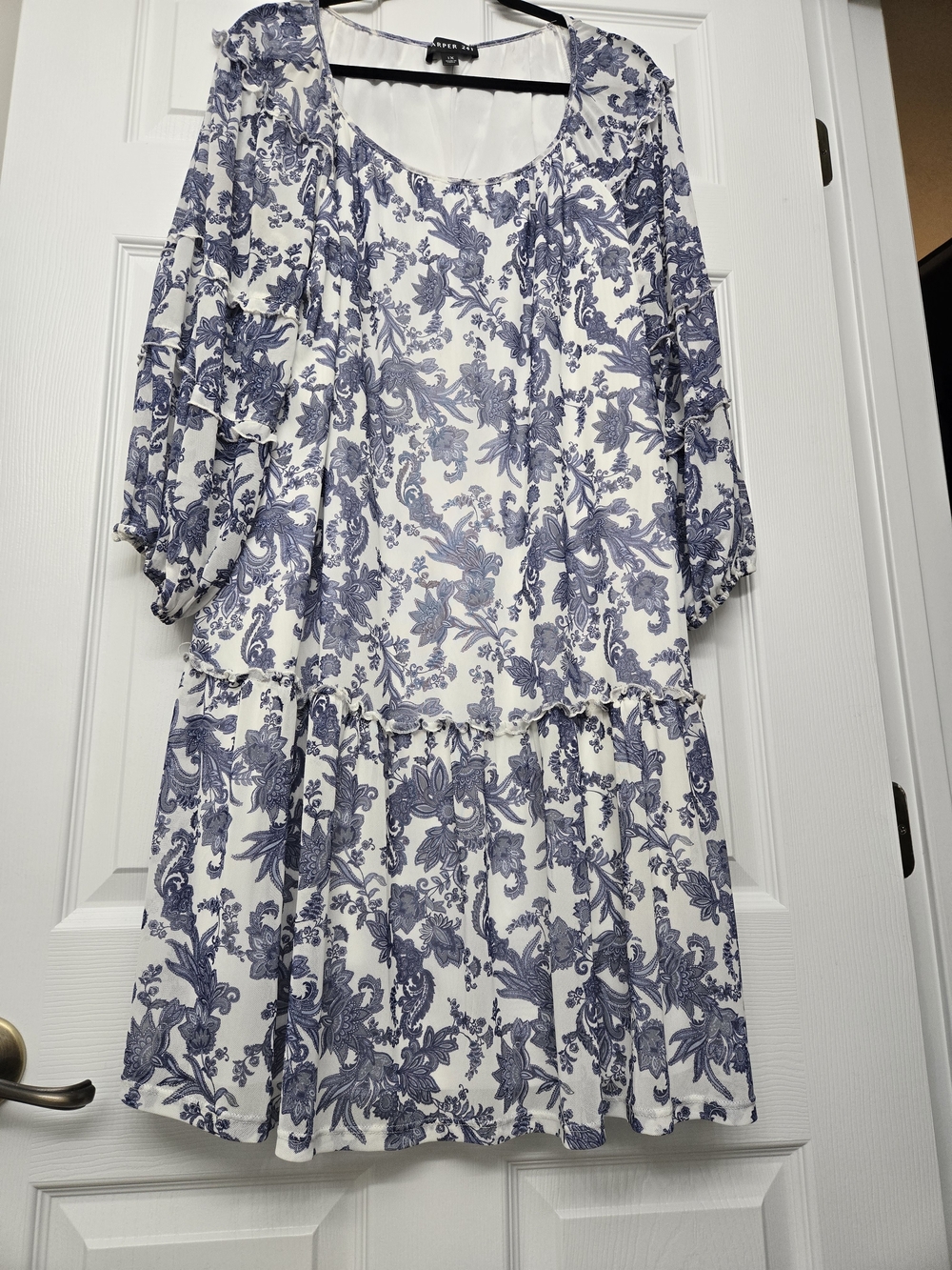 Blue & White Floral Tiered to-the-knee Mini Dress with Sheer Sleeves